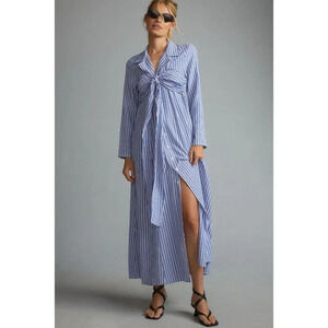 NWT Anthropologie Porridge Tie Front Blue White Stripe  Crinkle Maxi Dress XXS